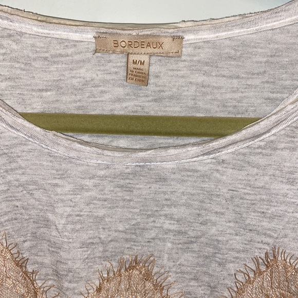 Anthropologie Bordeaux soft grey t-shirt with gold lace overlay, size M - Picture 2 of 5